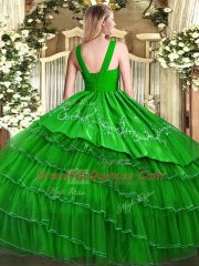 V-neck Sleeveless Satin and Organza 15th Birthday Dress Embroidery and Ruffled Layers Zipper
