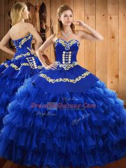 Pretty Blue Sleeveless Satin and Organza Lace Up Ball Gown Prom Dress for Military Ball and Sweet 16 and Quinceanera