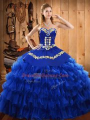 Pretty Blue Sleeveless Satin and Organza Lace Up Ball Gown Prom Dress for Military Ball and Sweet 16 and Quinceanera