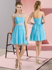 Aqua Blue Scoop Lace Up Beading Prom Dresses Cap Sleeves