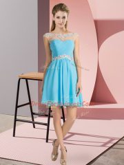 Aqua Blue Scoop Lace Up Beading Prom Dresses Cap Sleeves
