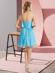 Aqua Blue Scoop Lace Up Beading Prom Dresses Cap Sleeves