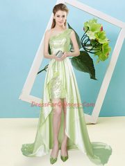 Yellow Green Elastic Woven Satin and Sequined Lace Up One Shoulder Sleeveless High Low Prom Party Dress Sequins