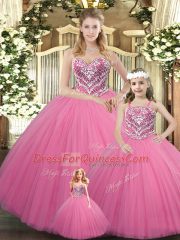 Great Rose Pink Sweetheart Neckline Beading Quinceanera Dress Sleeveless Lace Up
