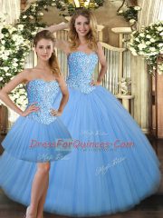 Stylish Baby Blue Sleeveless Floor Length Beading Lace Up Quince Ball Gowns