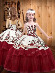 Elegant Embroidery Little Girl Pageant Dress Wine Red Lace Up Sleeveless Floor Length