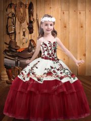 Elegant Embroidery Little Girl Pageant Dress Wine Red Lace Up Sleeveless Floor Length