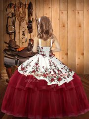 Elegant Embroidery Little Girl Pageant Dress Wine Red Lace Up Sleeveless Floor Length