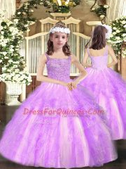 Fancy Straps Sleeveless Lace Up Little Girl Pageant Gowns Lilac Organza