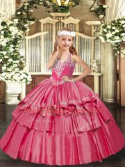 Admirable Hot Pink Organza Lace Up V-neck Sleeveless Floor Length Little Girls Pageant Dress Wholesale Beading and Ruffled Layers