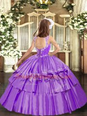 Admirable Hot Pink Organza Lace Up V-neck Sleeveless Floor Length Little Girls Pageant Dress Wholesale Beading and Ruffled Layers