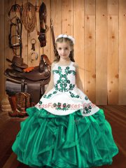 Floor Length Turquoise Kids Formal Wear Organza Sleeveless Embroidery and Ruffles