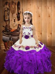 Eggplant Purple Kids Formal Wear Sweet 16 and Quinceanera with Embroidery and Ruffles Straps Sleeveless Lace Up