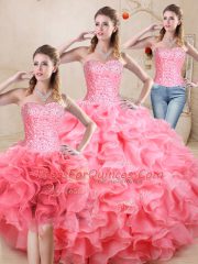 Custom Designed Watermelon Red Ball Gowns Beading and Ruffles Sweet 16 Dresses Lace Up Organza Sleeveless Floor Length