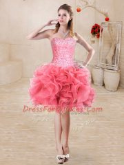 Custom Designed Watermelon Red Ball Gowns Beading and Ruffles Sweet 16 Dresses Lace Up Organza Sleeveless Floor Length