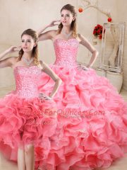 Custom Designed Watermelon Red Ball Gowns Beading and Ruffles Sweet 16 Dresses Lace Up Organza Sleeveless Floor Length