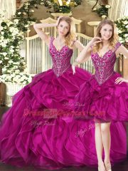 Fuchsia Three Pieces Organza V-neck Sleeveless Ruffles Floor Length Lace Up Sweet 16 Dress