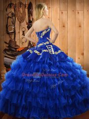 Attractive Gold Lace Up Sweetheart Embroidery and Ruffled Layers Quinceanera Gowns Satin and Organza Sleeveless