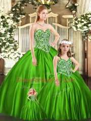 Best Sleeveless Organza Floor Length Lace Up Quinceanera Dress in Green with Beading