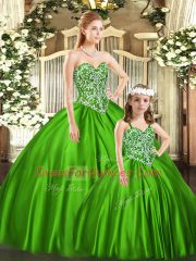 Best Sleeveless Organza Floor Length Lace Up Quinceanera Dress in Green with Beading