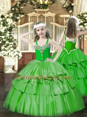 Perfect Sleeveless Floor Length Beading and Ruffled Layers Lace Up Girls Pageant Dresses with Green