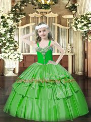 Perfect Sleeveless Floor Length Beading and Ruffled Layers Lace Up Girls Pageant Dresses with Green