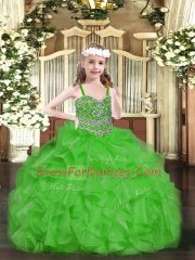 New Arrival Green Organza Lace Up Straps Sleeveless Floor Length Little Girls Pageant Dress Beading and Ruffles