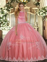 Exquisite Coral Red Sleeveless Tulle Backless 15th Birthday Dress for Military Ball and Sweet 16 and Quinceanera