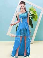 Baby Blue Sleeveless High Low Beading and Sequins Lace Up