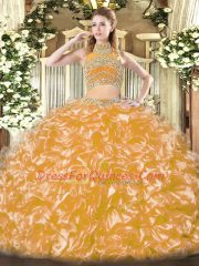 Suitable Tulle High-neck Sleeveless Backless Beading and Ruffles Sweet 16 Dresses in Gold
