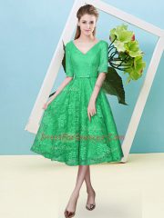 Eye-catching Turquoise V-neck Neckline Bowknot Dama Dress for Quinceanera Half Sleeves Lace Up