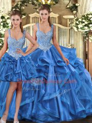 Modern Floor Length Blue 15th Birthday Dress Tulle Sleeveless Beading and Ruffles