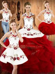 Pretty Wine Red Ball Gowns Embroidery and Ruffles 15th Birthday Dress Lace Up Satin and Organza Sleeveless Floor Length