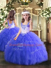 Sleeveless Tulle Floor Length Lace Up Little Girls Pageant Dress Wholesale in Blue with Beading and Ruffles