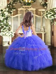 Sleeveless Tulle Floor Length Lace Up Little Girls Pageant Dress Wholesale in Blue with Beading and Ruffles
