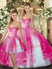 Fuchsia Organza Lace Up Sweetheart Sleeveless Floor Length Sweet 16 Quinceanera Dress Ruffles