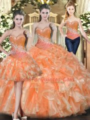 Glamorous Sweetheart Sleeveless 15 Quinceanera Dress Floor Length Beading and Ruffles Orange Red Tulle