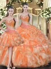 Glamorous Sweetheart Sleeveless 15 Quinceanera Dress Floor Length Beading and Ruffles Orange Red Tulle