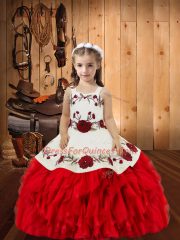 Wonderful Floor Length Lace Up Little Girls Pageant Dress Red for Sweet 16 and Quinceanera with Embroidery and Ruffles