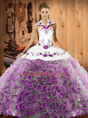 Glorious Halter Top Sleeveless Fabric With Rolling Flowers Sweet 16 Quinceanera Dress Embroidery Sweep Train Lace Up