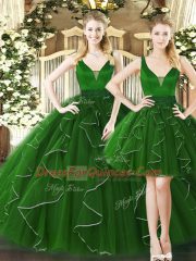 Custom Designed Floor Length Dark Green Sweet 16 Dresses Straps Sleeveless Lace Up