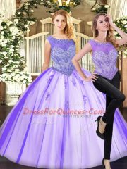 Noble Lavender Two Pieces Tulle Scoop Sleeveless Beading Floor Length Zipper Sweet 16 Quinceanera Dress