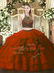 Flirting Wine Red Halter Top Neckline Beading and Ruffled Layers Ball Gown Prom Dress Sleeveless Zipper