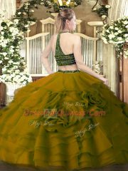 Flirting Wine Red Halter Top Neckline Beading and Ruffled Layers Ball Gown Prom Dress Sleeveless Zipper