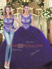 Hot Selling Purple Ball Gowns Tulle Scoop Sleeveless Beading and Ruffles Floor Length Lace Up Sweet 16 Dresses