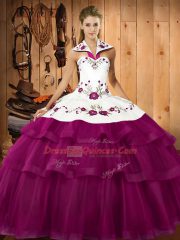 Fuchsia Ball Gowns Embroidery and Ruffled Layers Quince Ball Gowns Lace Up Organza Sleeveless