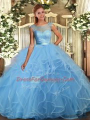Fabulous Aqua Blue Backless Scoop Ruffles Sweet 16 Dresses Organza Sleeveless