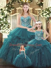 Nice Teal Ball Gowns Beading and Ruffles Quince Ball Gowns Lace Up Organza Sleeveless Floor Length