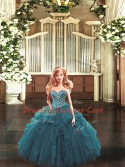 Nice Teal Ball Gowns Beading and Ruffles Quince Ball Gowns Lace Up Organza Sleeveless Floor Length