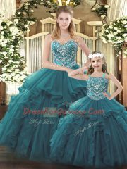 Nice Teal Ball Gowns Beading and Ruffles Quince Ball Gowns Lace Up Organza Sleeveless Floor Length